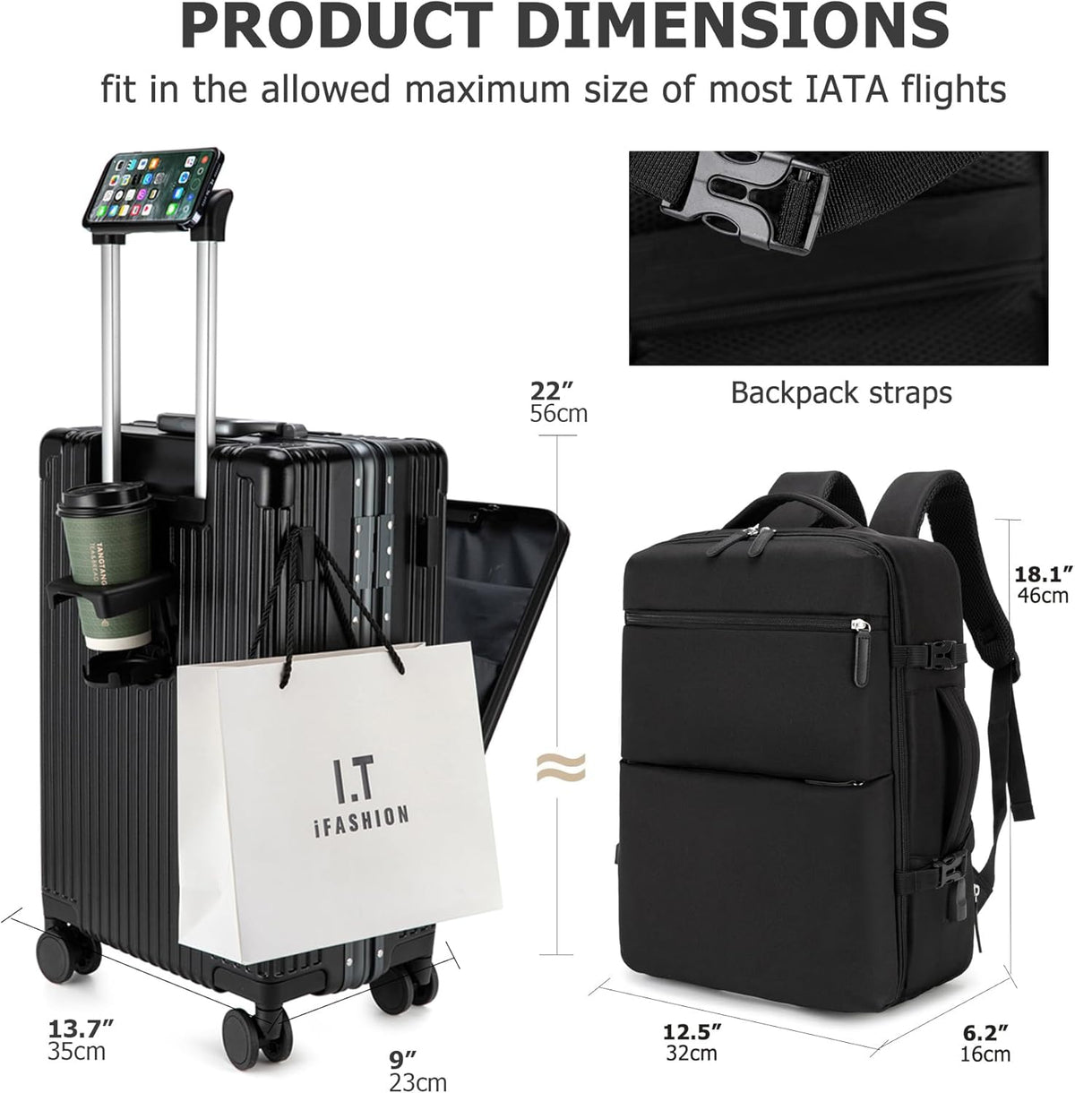 feilario 2 Piece Set 20in Aluminium Frame PC Hard Shell Spinner Wheels Luggage, Built-In TSA lock Carry on Suitcase, with Cup Holder, USB Port, Phone Holder