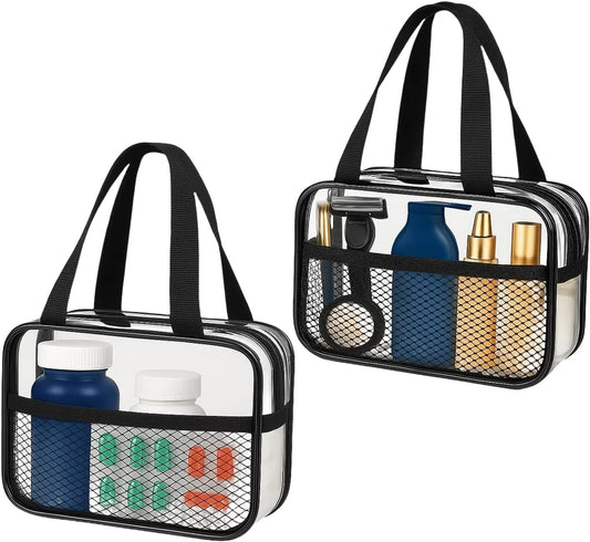 XEWEA 2PCS Small TSA Approved Clear Travel Toiletry Bags for Men Women,Transparent Makeup Cosmetic Bag with Handle,Waterproof PVC Quart Organizer Storage Pouch for Toiletries Airline Essential, Balck