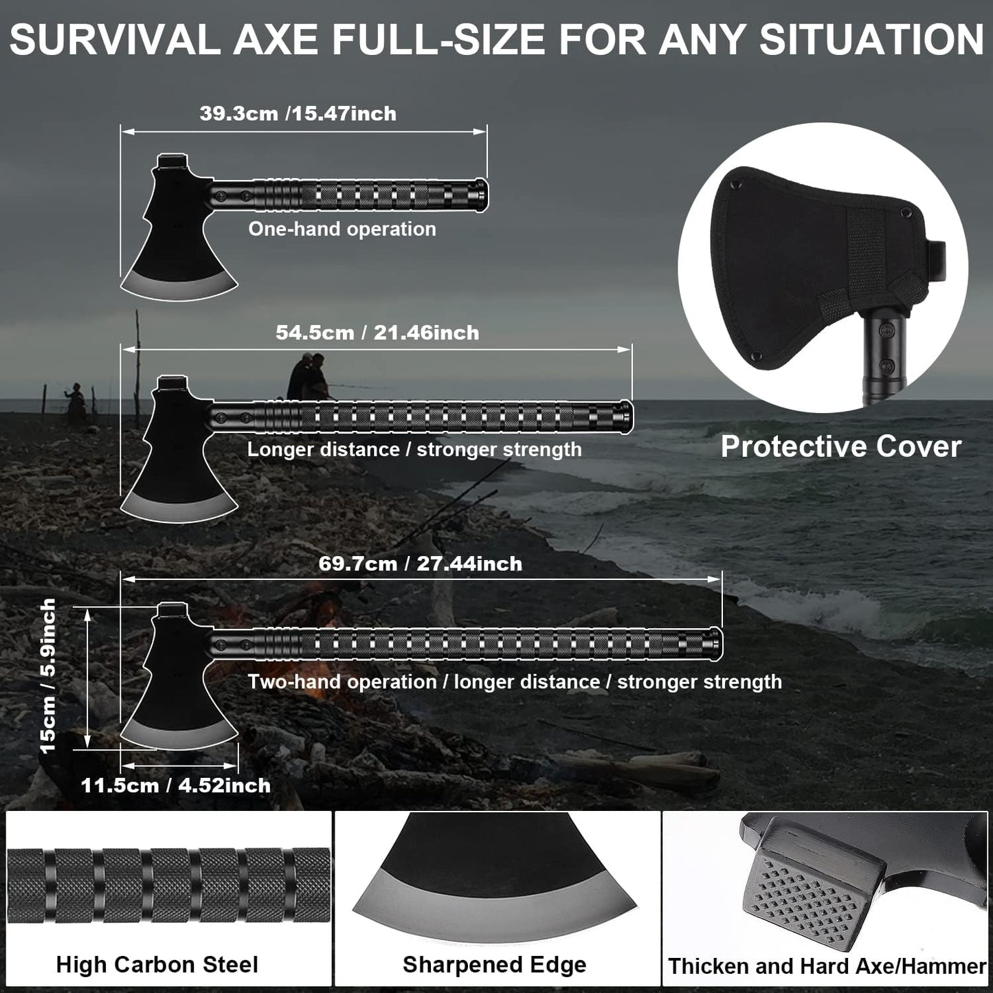 Survival Shovel Survival Axe, Camping Folding Shovels Hatchet with 19.2-37.8inch Lengthened Handle Enlarged Shovelhead High Carbon Steel with Storage Pouch for Camping Cycling Hiking