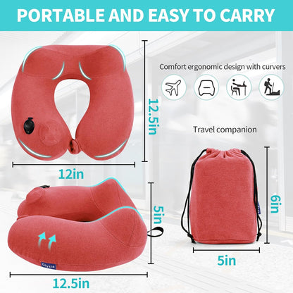 Inflatable Travel Neck Pillow for Airplane, Head Support Velvet Adult Neck Pillow for Long Flight, Kit with Eye Mask, Earplugs and Storage Bag,1, Rose Pink