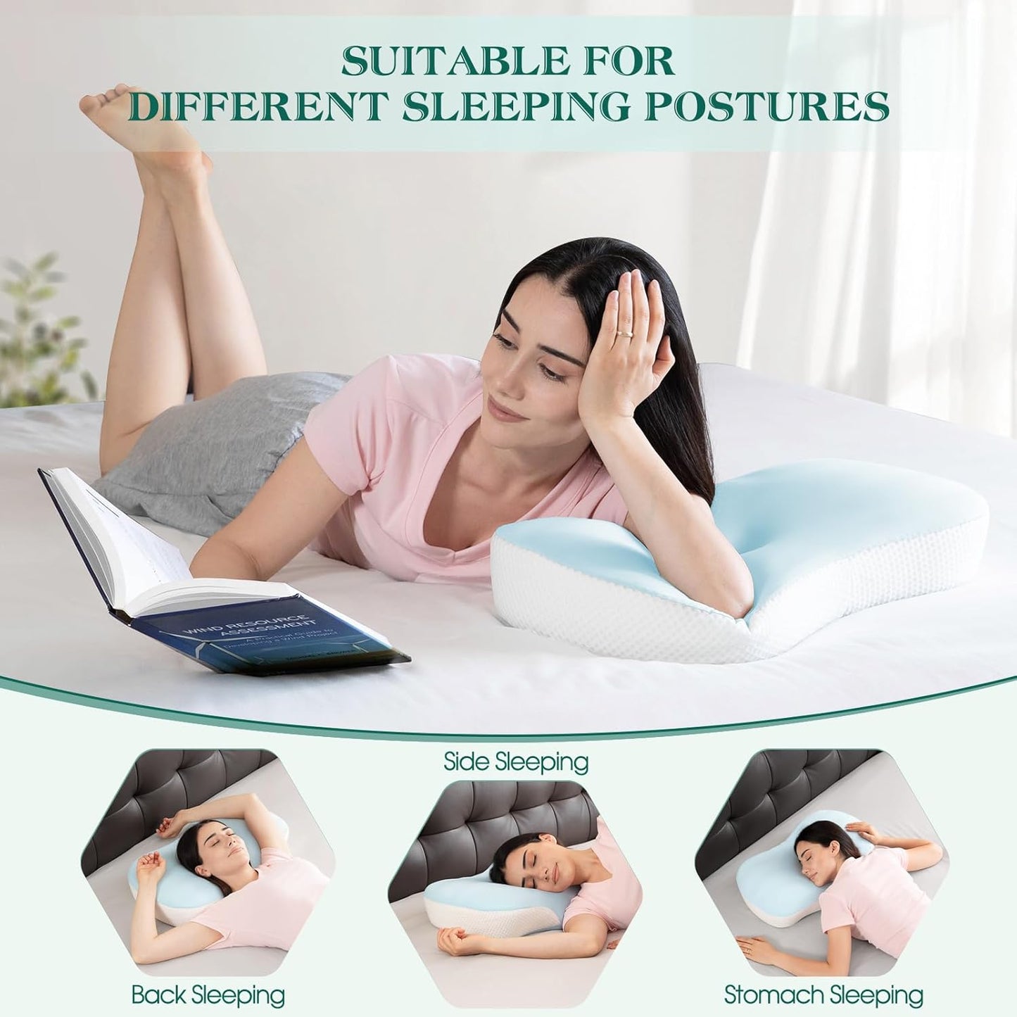 Cervical Pillow for Neck and Shoulder Support, Ergonomic Memory Foam Contour Pillows with Adjustable Dual Heights & Breathable Cover for Side Back Stomach Sleepers (Blue)