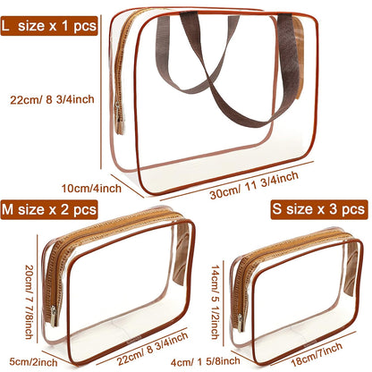 APREUTY Clear Makeup Bags, TSA Approved 6Pcs Cosmetic Makeup Bags Set Clear PVC w/Zipper Handle Portable Travel Luggage Pouch Airport Airline Bags Bathroom (Coffee)