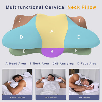 Dual-Height Cervical Neck Pillow for Pain Relief, Memory Foam Pillows with Cooling Tech -3D Ergonomic Support, Cooling Cover, for Side/Back/Stomach Sleeper Pillow, Minimalist Style - White