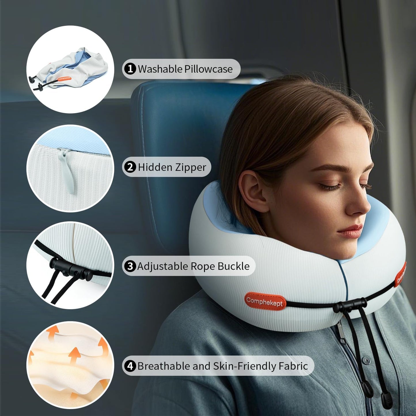 Thickened Travel Neck Pillow for Airplanes for Women, Adjustable Right Amount of Height 360° Support Memory Foam Neck Pillow, Portable Plane Pillow for Sleeping