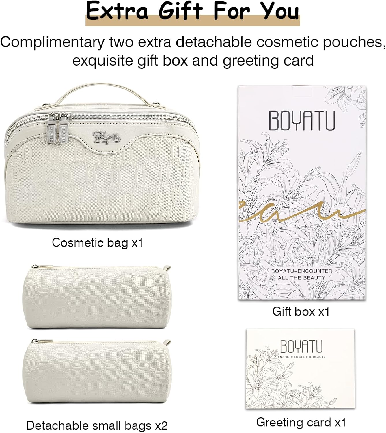 BOYATU Travel Makeup Bag for Women: Cosmetic Organizer Bag with Compartments - Leather Make up Bags Set of 3 (White)