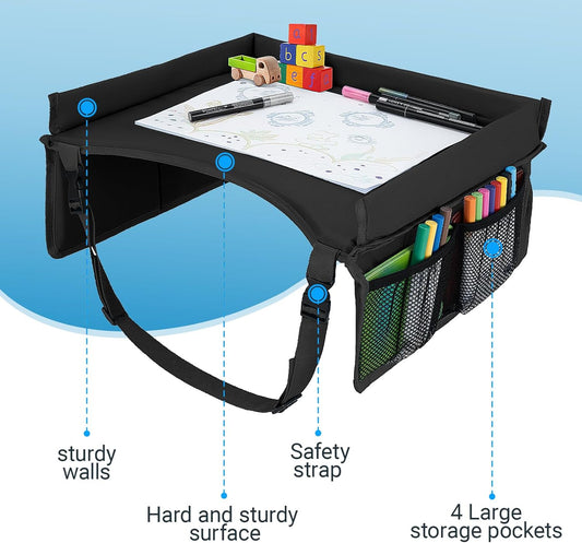 Children Auto Lap Pad - Travel Tray Tablet Holder，Car Seat Lap Tray for Toddlers, Kids，Use on Airplanes, Road Trips, Lap Desk，Tablet Holder and Carry Bag (Black)