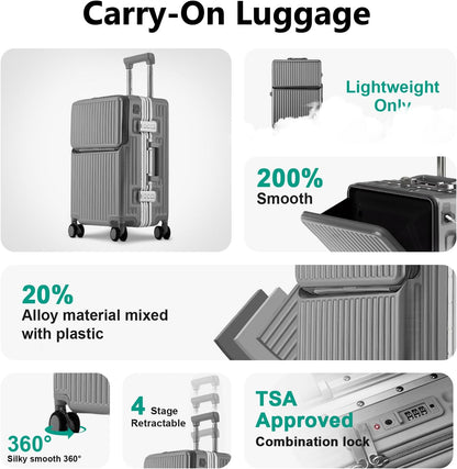 Hard Shell Luggage 24 Inch Travel Luggage, Carry-On Luggage Spinner TSA with Lid, ABS Aluminum Frame，Lightweight Travel Luggage 20'' 24'' 26''Carry-On (upgraded grey, 24 inch)