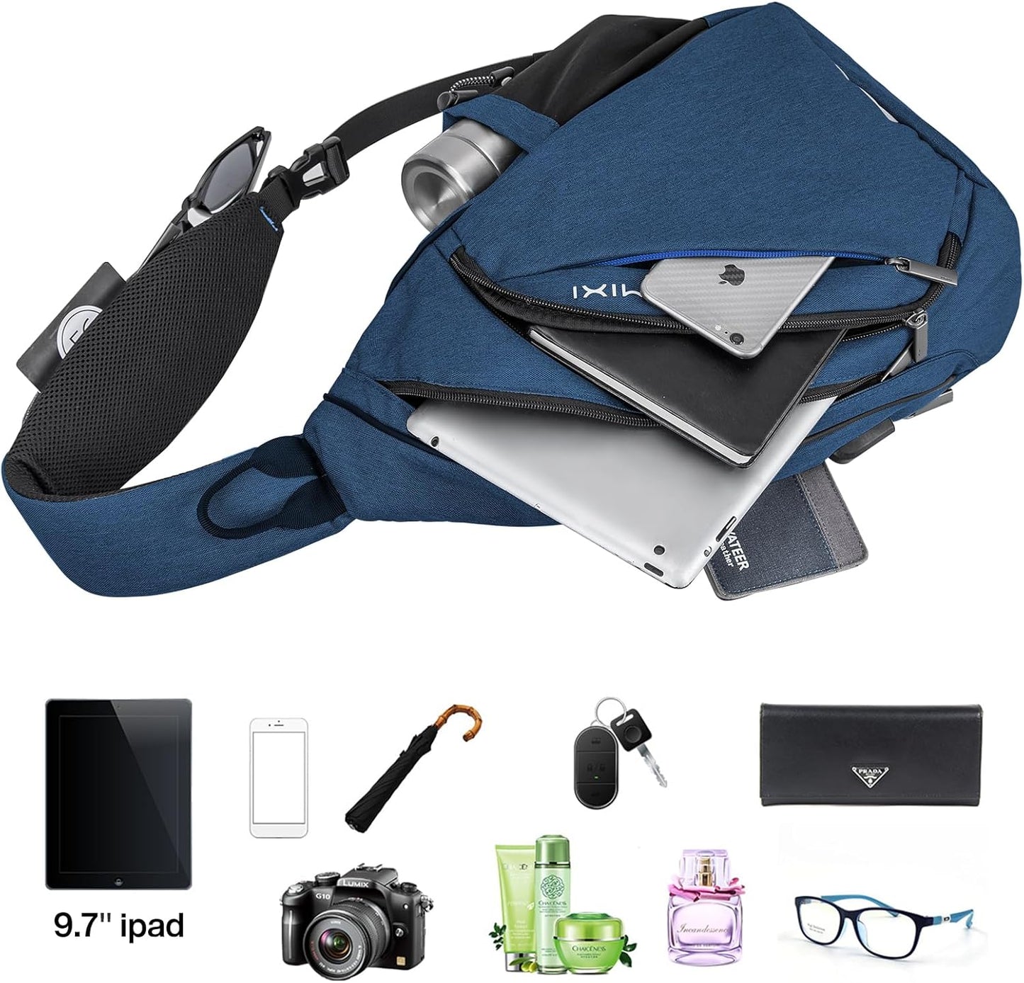 mixi Sling Bag Men Backpack Unisex One Shoulder Bag Hiking Travel Backpack Crossbody with USB Port for Men Women Versatile Casual Daypack-17 inch,Dark Blue