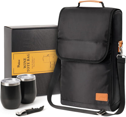 3 Bottle Wine Tote Bag with Tumblers and Opener, Portable Wine Carrier Purse for Travel/Picnic/Beach/Pool/Events/Hiking, Black