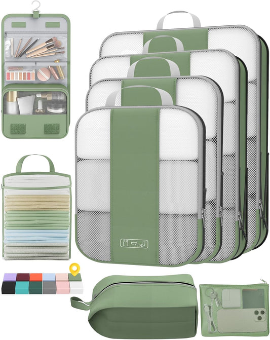 8 Set Compression Packing Cubes for Travel Essentials,Compressible Expandable Packing Cubes for Suitcase,OlarHike Luggage Organizer Bags for Travel,Handy Helper for Organizing Clothes(Matcha Green)