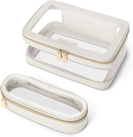 Travel Clear Makeup Bag with Makeup Brush Bag, Leather Makeup Case Toiletry Bag, Portable Cosmetic Bag Case, Transparent Waterproof Cosmetic Organizer Storage Bag for Women, Medium, Off-White