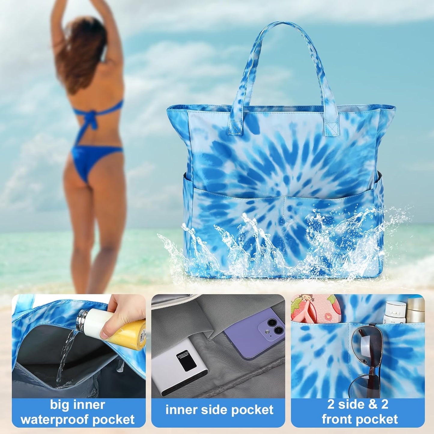 LEDAOU Large Beach Tote Bag Women Waterproof Sandproof Zipper Beach Tote Bag for Pool Gym Grocery Travel with Wet Pocket