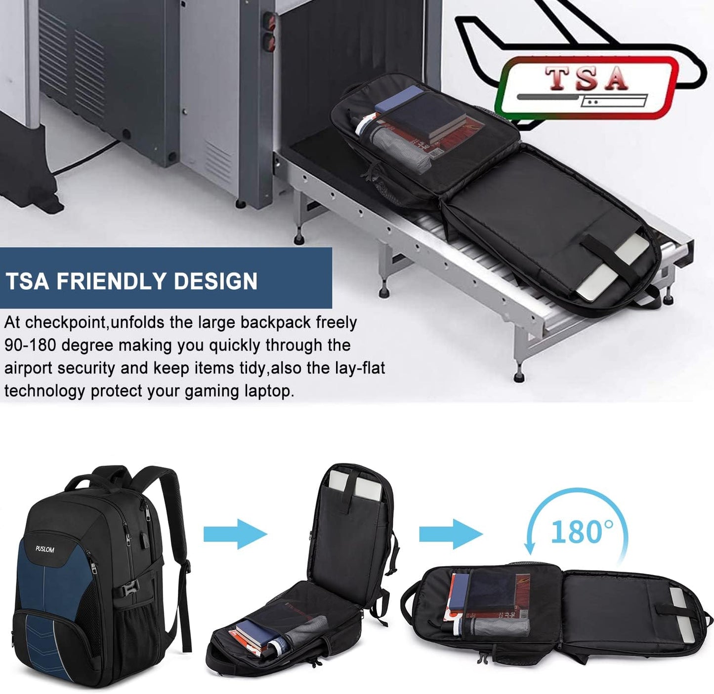 PUSLOM Extra Large Travel Laptop Backpack for Men 55L,Water Resistant 18.4 inch Big Business Laptop bags with USB Charging Port,TSA Friendly Anti Theft Computer Bag for Work College,Blue