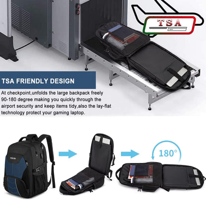 PUSLOM Extra Large Travel Laptop Backpack for Men 55L,Water Resistant 18.4 inch Big Business Laptop bags with USB Charging Port,TSA Friendly Anti Theft Computer Bag for Work College,Blue