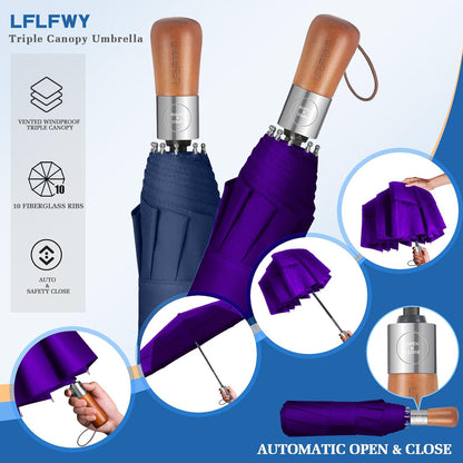 3T Wind Armor Travel Umbrella Compact Easy Auto Open Close Folding Umbrellas for Rain Windproof Umbrella for Women and Men Durable Real Wood Handle Portable Fits Backpack Car