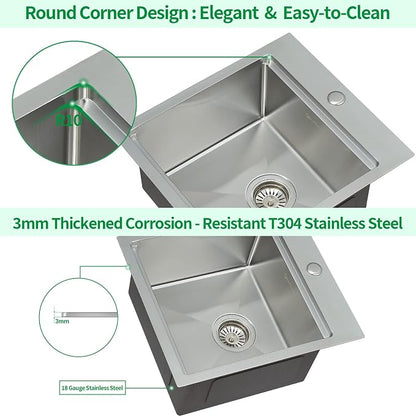 Kitchen Sink, 17 x 19 Inch Drop-in Bar Sink Stainless Steel Topmount Kitchen - Image 6