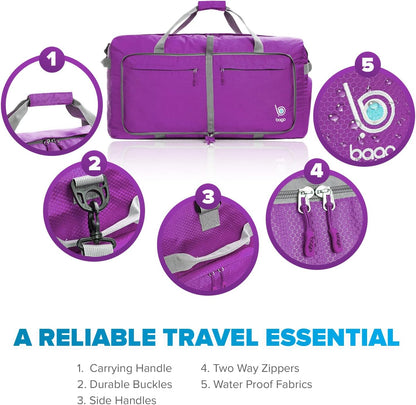 Bago Big XXL Foldable Duffel Bags for Traveling Women & Men - 140L Packable Duffle Bag for Travel with Shoe Compartment - Water Repellant, Heavy Duty, Lightweight Folding & Collapsible (Purple)