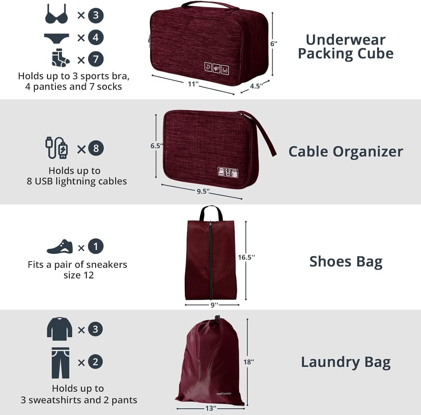 7 Set Compression Packing Cubes for Travel - Compressible, Lightweight, and Space-Saving Packing Cubes, Travel Essentials for Women, Wine