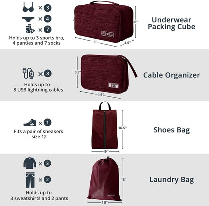 7 Set Compression Packing Cubes for Travel - Compressible, Lightweight, and Space-Saving Packing Cubes, Travel Essentials for Women, Wine