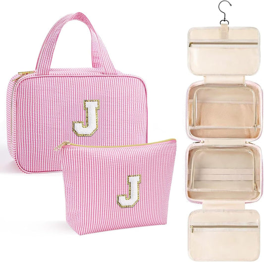 YOOLIFE Travel Toiletry Bag Makeup Bag - Hanging Toiletry Bag for Women, Portable Toiletries Travel Bag and Cosmetic Bag, Airplane Travel Essentials Travel Toiletry Bag - Letter J, Pink