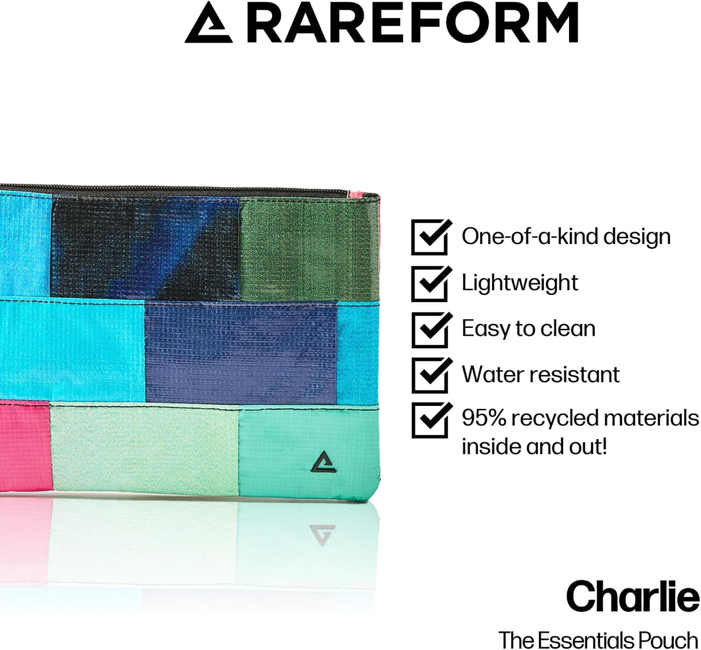 Rareform Essentials Organizer Pouch | Travel Accessory Bag, Protects Tech, Cosmetics, Toiletries with Inner Fleece Lining, Water-Resistant | Recycled Nylon, One-of-a-Kind, Patchwork