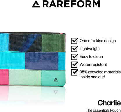 Rareform Essentials Organizer Pouch | Travel Accessory Bag, Protects Tech, Cosmetics, Toiletries with Inner Fleece Lining, Water-Resistant | Recycled Nylon, One-of-a-Kind, Patchwork