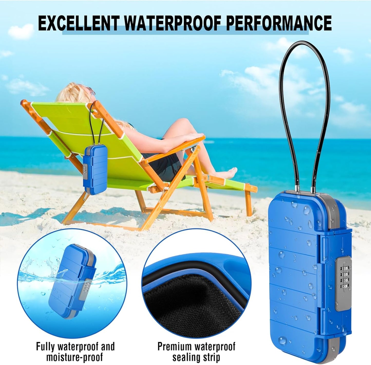 HUANLANG Portable Safe Lock Box with Combination Lock Mini Beach Travel Safe Waterproof Small Lockable Box with Removable Wire Rope Combination Safe Box for Dorm,Travel,Beach,Hotel,Car,Home,Office