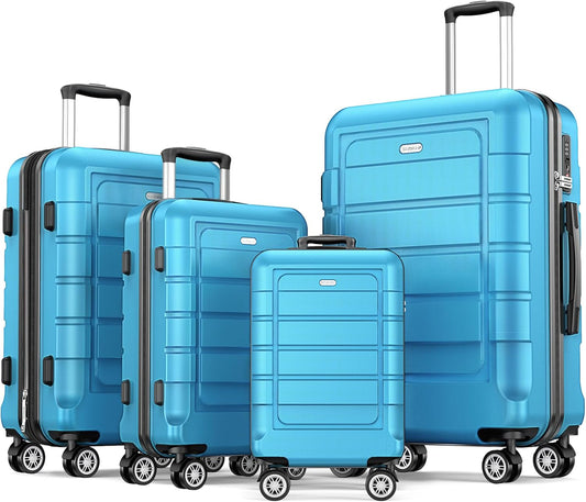SHOWKOO Luggage Sets Expandable PC+ABS Durable Suitcase Sets Double Wheels TSA Lock 4 Piece Luggage Set Sky Blue