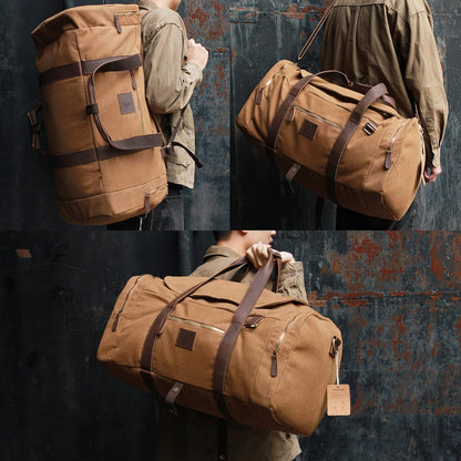 60L Travel Bags for Men, Nomad Canvas Duffle Bag Vintage Genuine Leather Travel Duffel Bag Multifunctional Weekender Overnight Backpack with Shoes Compartment (Coffee, X Large-60L)