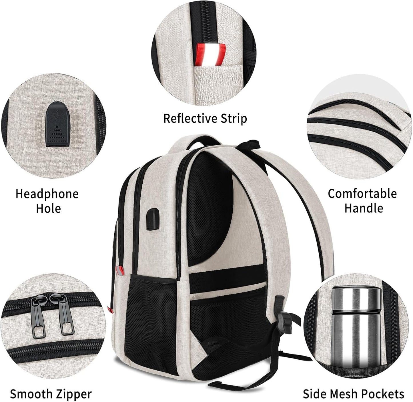 Travel Laptop Backpack for Women, School Backpack with USB Charging Port,Water Resistant Backpack for Girls, Business Work College bookbag,book bag Fits 15.6 Inch,Beige Back Pack