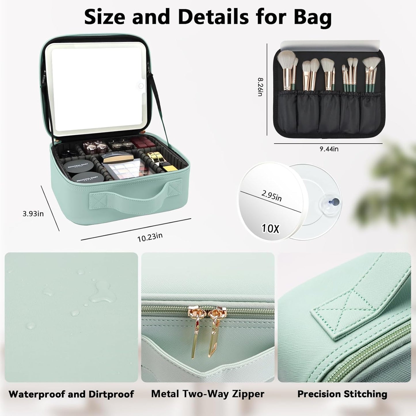 Travel Makeup Bag with LED Mirror and 10x magnifying glass with 3 Lighted Settings, Adjustable Dividers and Makeup Brush Storage Bag Light Green