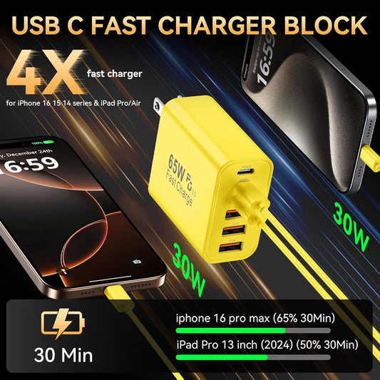 USB C Fast Charger Block, iPhone Charger Fast Charging Blocks 65W Multi Port Charger 6-Ports PD & QC Charging Cube Brick Power Adapter Type C Wall Chargers for iPhone 17/16/15/14/13/12 Pro Max, iPad