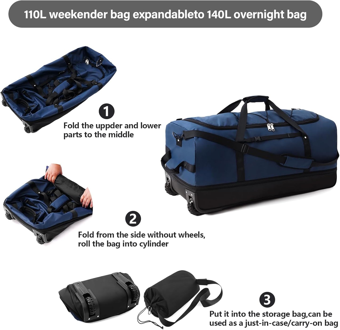 Rolling Duffle Bag with Wheels,110L/140L Expandable Soft-Sided Foldable Duffle Bag with 2 Rubber Wheels,Packable 32” Rolling Carry-On with Multi-Pockets & Compartments (Blue)