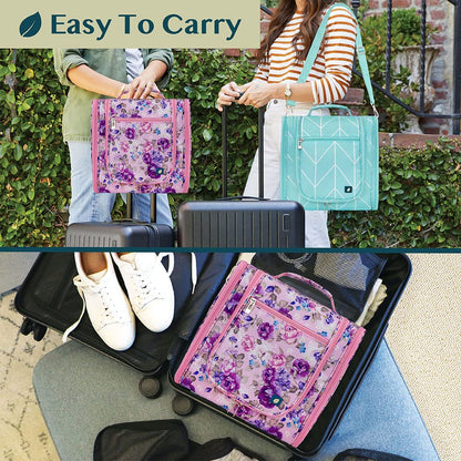 PAVILIA Extra Large Toiletry Bag Travel Bag for Women Men, Hanging Cosmetic Organizer, Water Resistant Makeup Bag for Accessories Toiletries, Travel Essentials Kit (Floral Pink)