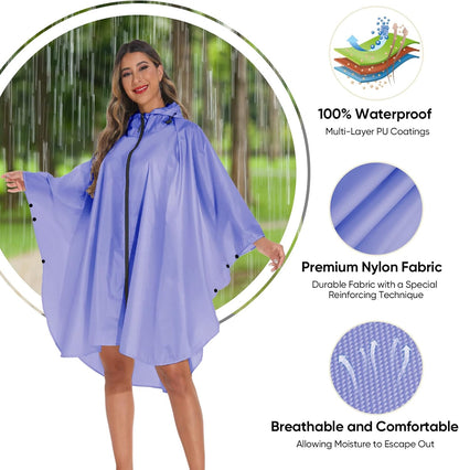 PTEROMY Hooded Rain Poncho for Adult with Pocket and Zipper, Waterproof Lightweight Raincoat for Men and Women