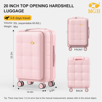 MGB 20 Inch Expandable Carry On Luggage with Wheels PC Hard Shell Suitcase Top Opening Travel Luggage Suitcases for Woman Men Gifts (Pink)