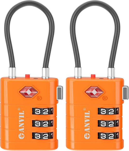 ANVIL TSA Approved Luggage Locks – High Security TSA008 Combination Travel Locks with Inspection Indicator for Suitcases and Backpacks. (2, Orange)