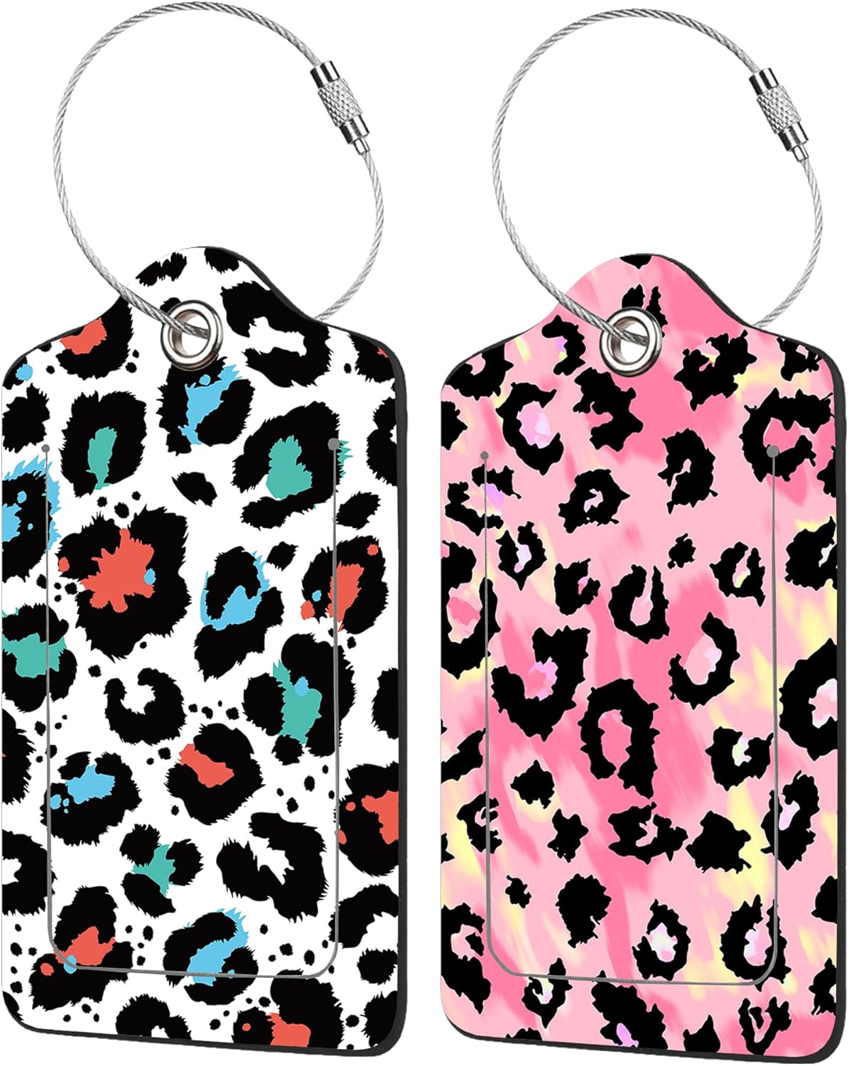 2 Pack Leopard Pattern Luggage Tags for Suitcases,Abstract Leopard Skin Leather Baggage Suitcases Tag Name ID Label Privacy Cover Travel Bag Tags for Women Men Boys Girls