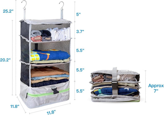 Grand Fusion Stow-N-Go Portable Hanging Travel Shelves, Packing Organizer for Luggage. Carry on Closet with Hanger for Clothes. Expandable Packing Cube. Travel Essentials, Light Gray - L
