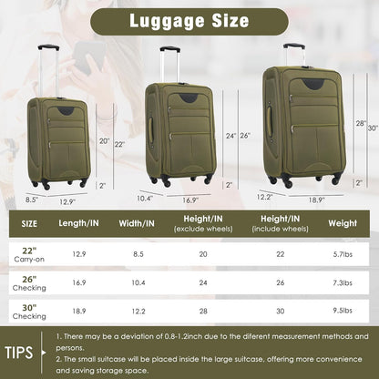 Merax Softside Luggage Set Softshell Lightweight 3 Piece Spinner Suitcase with Duffel Bag Expandable Upright Travel Luggage 22" 26" 30",Army Green
