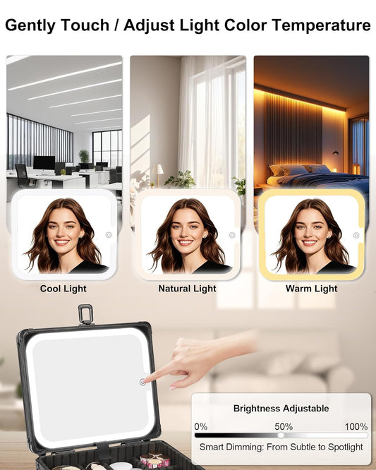 Makeup Box with LED Mirror, Makeup Bag with Light up Mirror& Adjustable Dividers Travel Make up Train Case Portable Cosmetic Organizer Case Waterproof Organizer Bag Gifts for Women and Girls