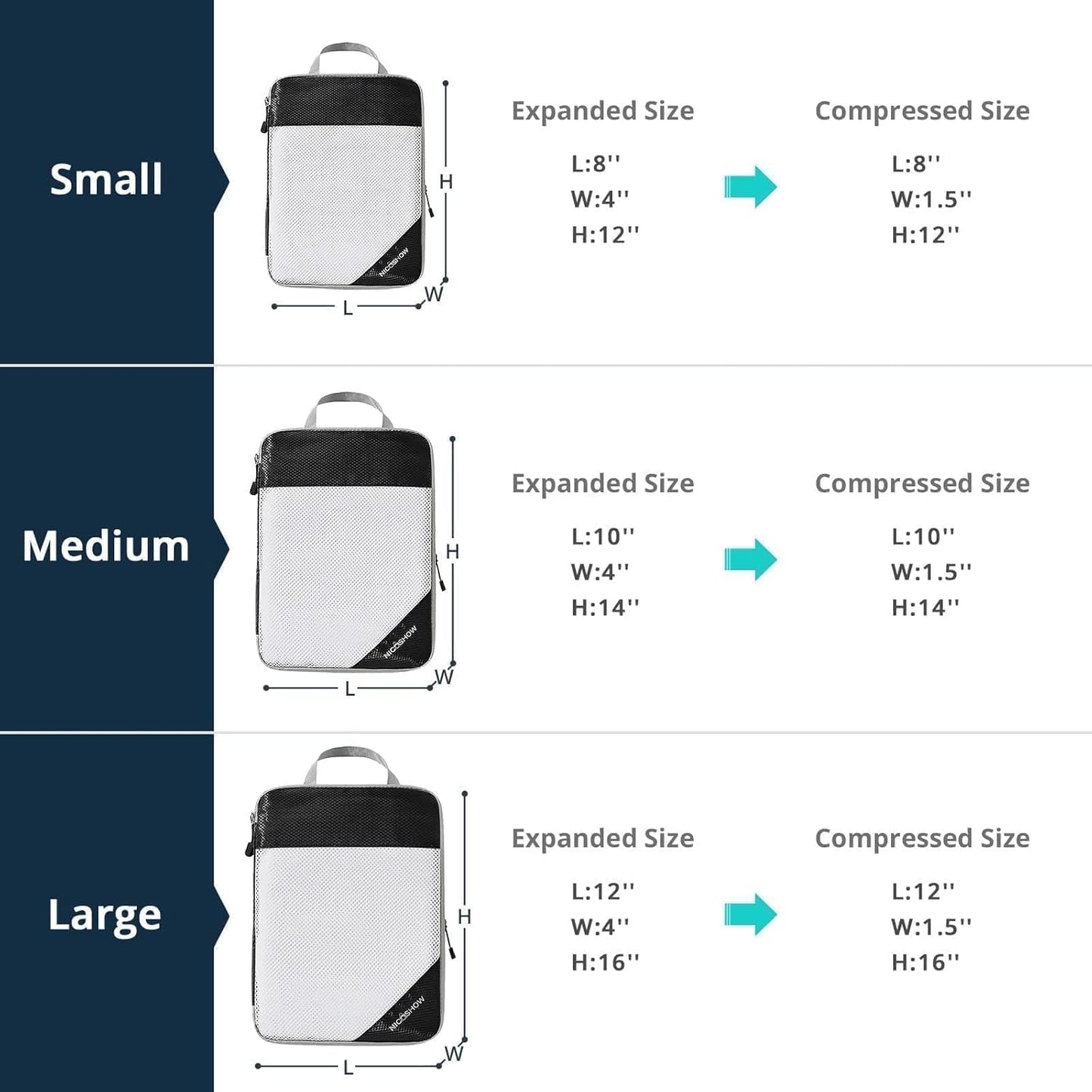 6 Set Compression Packing Cubes for Travel - Compressible, Lightweight, and Space-Saving Packing Cubes, Travel Essentials for Women, Black
