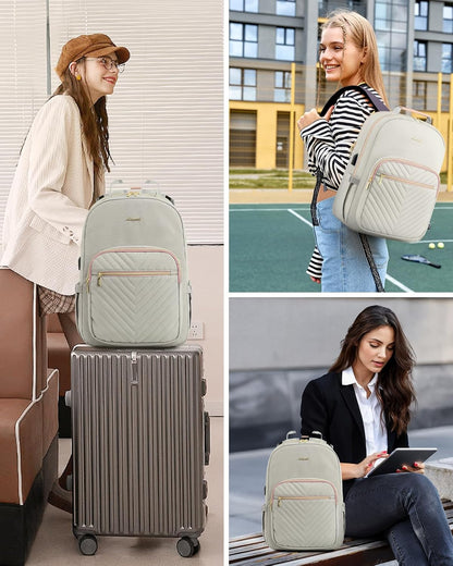 LOVEVOOK Laptop Backpack for Women, Travel Computer Work Bags with 17-inch Laptop Compartment, College School Student Bag Teen Backpacks For Girls, Outdoor Carry On Backpack Purse, Grey Pink