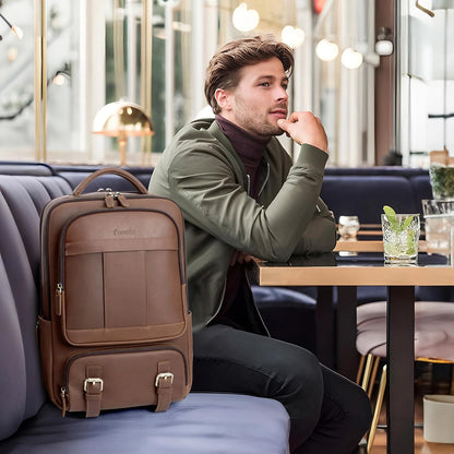 Tzowla Leather Laptop Backpack, Bag for Men and Women,Business Travel Work Rucksack Fits 15.6 Inch Laptop, Bookbag with USB and Type-C Charging Port-Brown