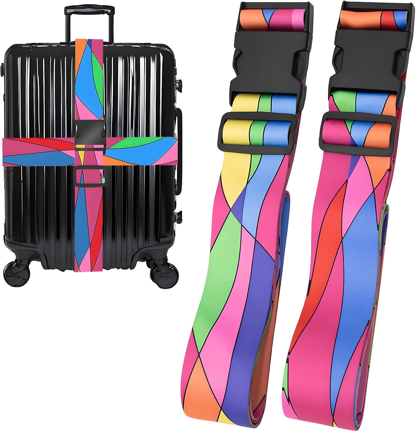 Colorful Luggage Straps for Suitcases, Adjustable Luggage Travel Belts to Keep Luggage Security While Travel, Strong Polyester Fabric, Easy-to-Recognize Stylish Design Travel Accessories, 2 Pack