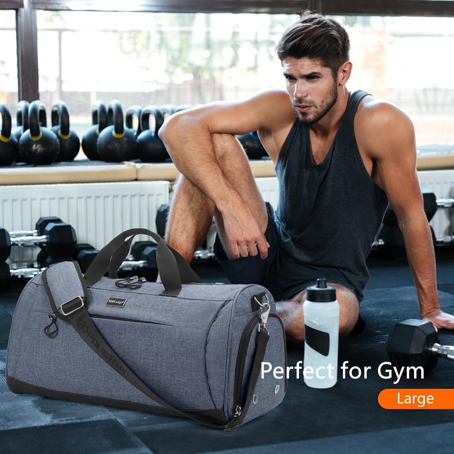 TOPDesign Gym Bag for Women & Men, Unisex Duffel Bag with Shoe Compartment & Wet Pocket for Travel Sports Gym (M Textured Blue)