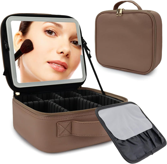 Travel Makeup Bag with LED Mirror Travel Makeup Organizer with 3 Lighted Settings, Adjustable Dividers and Makeup Brush Storage Bag Mocha