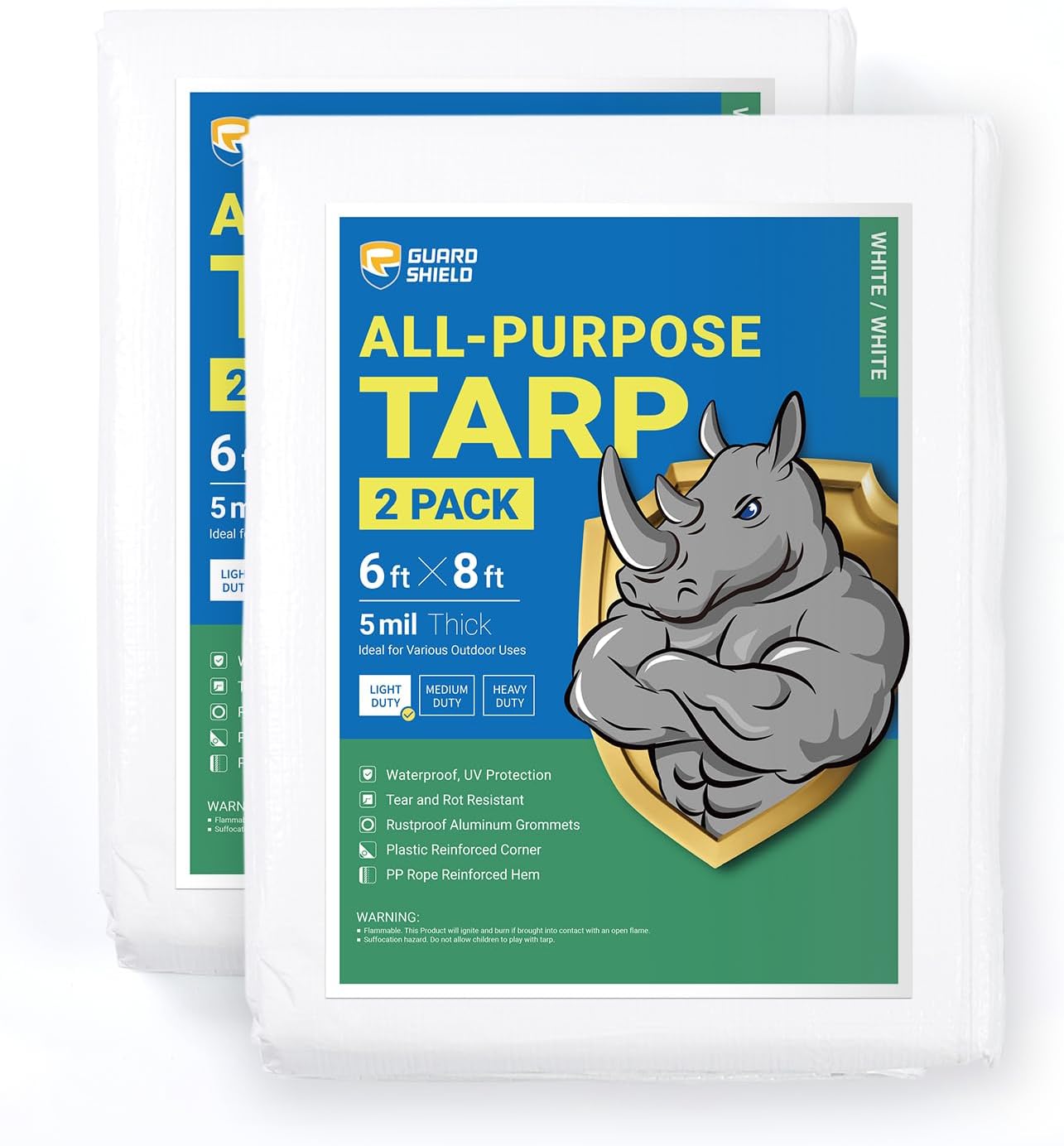 GUARD SHIELD Tarp White 6x8 Feet Multi Purpose Waterproof Poly Tarp Cover 5mil (2-Pack)