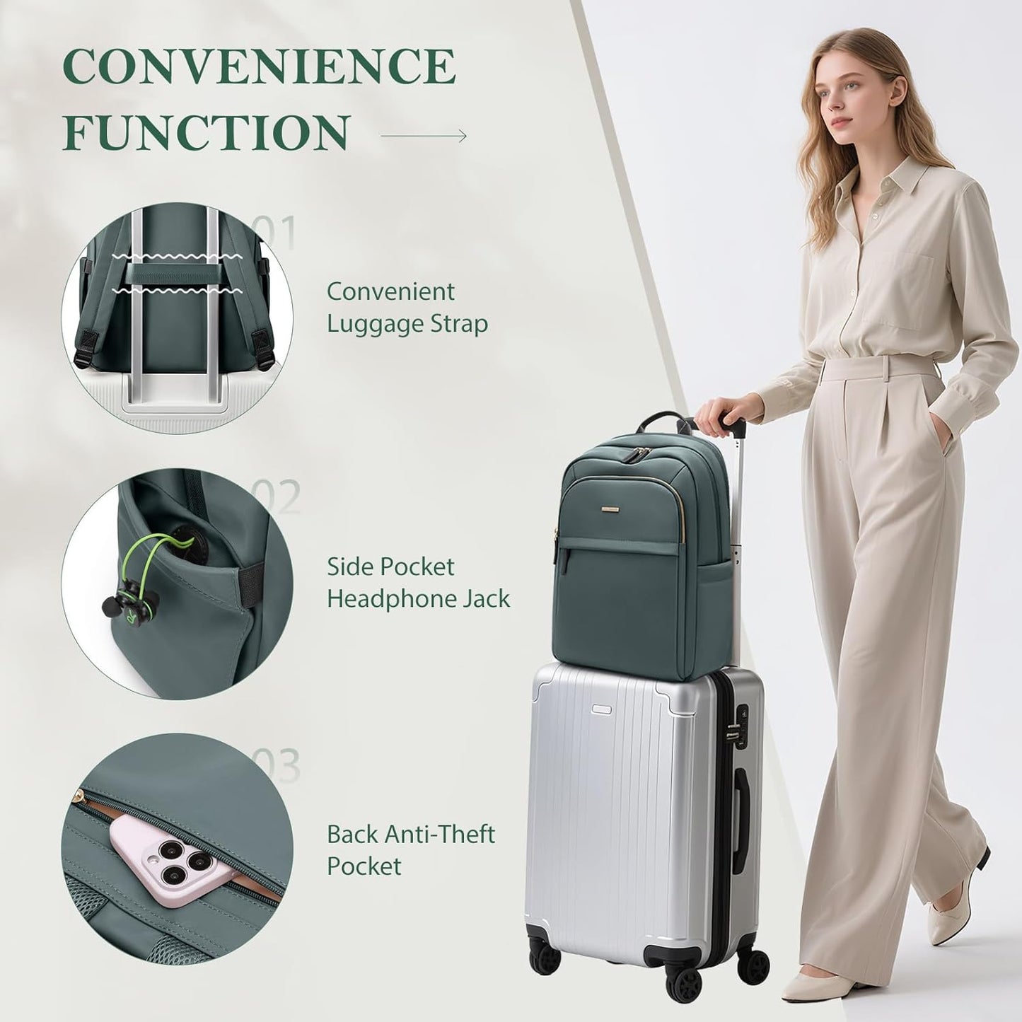 Travel Backpack for Women Personal Carry On Bag Business Weekender Hiking Multilayer Laptop Bag,16 Inch,DarkGreen