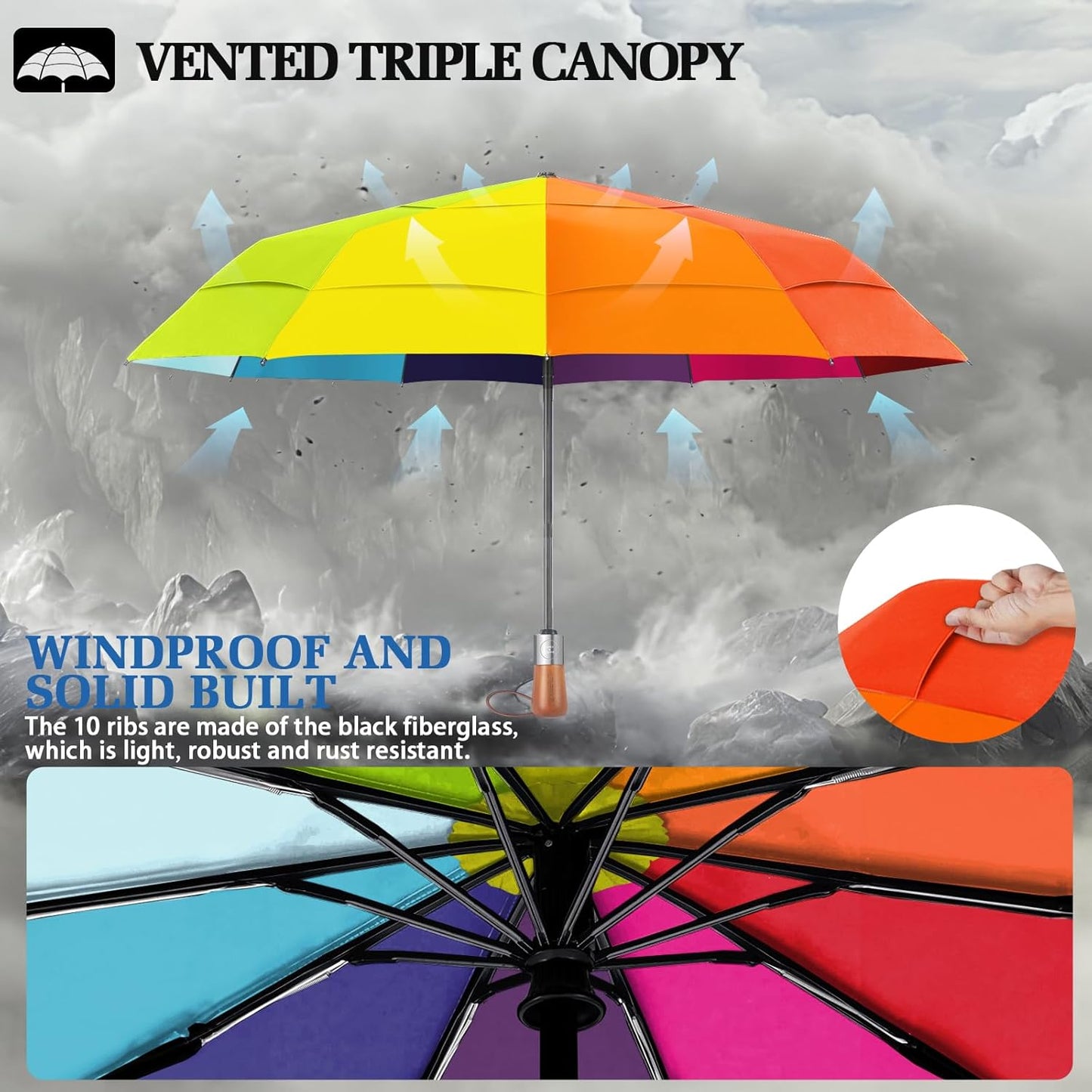 3T Wind Armor Travel Umbrella Compact Easy Auto Open Close Folding Umbrellas for Rain Windproof Umbrella for Women and Men Durable Real Wood Handle Portable Fits Backpack Car